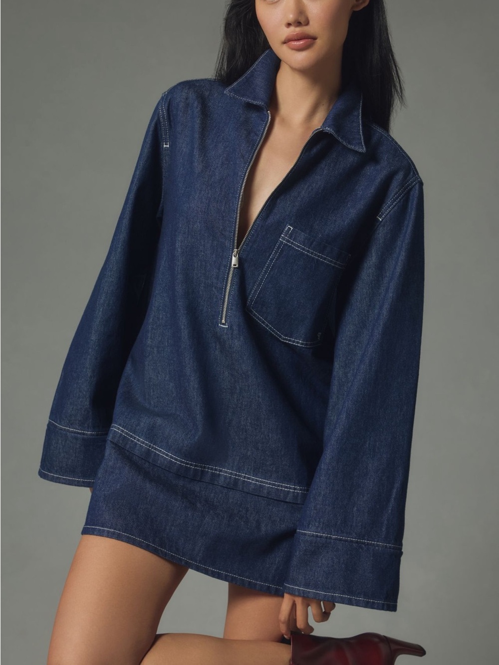 Denim Half-Zip Shirt Dress - Navy